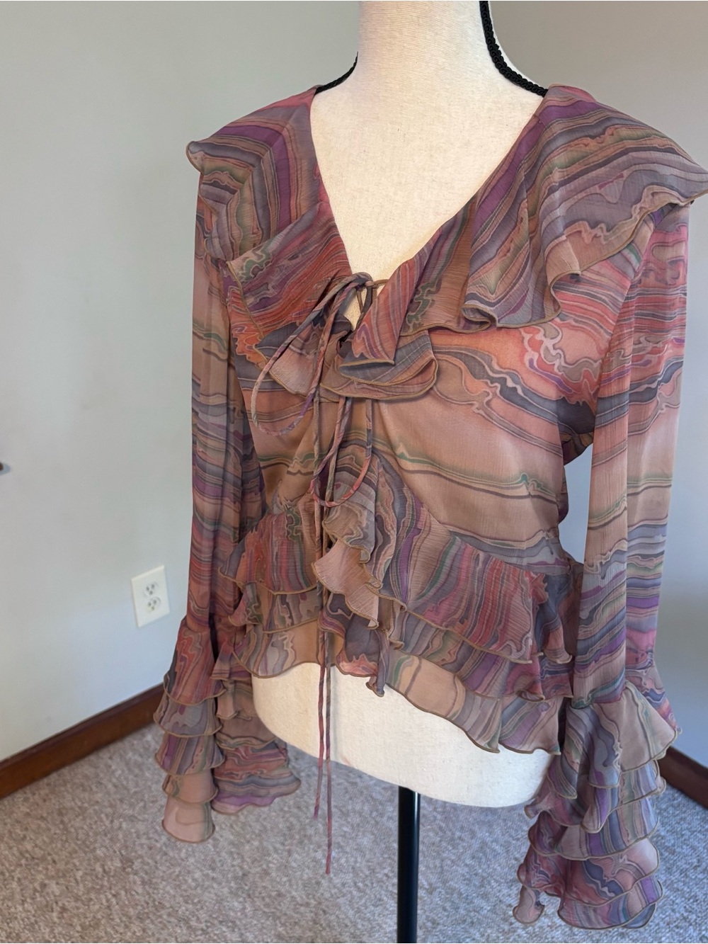 Ronny Kobo Collection Bohemian Mauve Multi-Stripe Ruffle Tie-Front Blouse Small - Picture 5 of 14